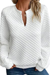 White Split Neck Quilted Long Sleeve Top-Tops-MomFashion