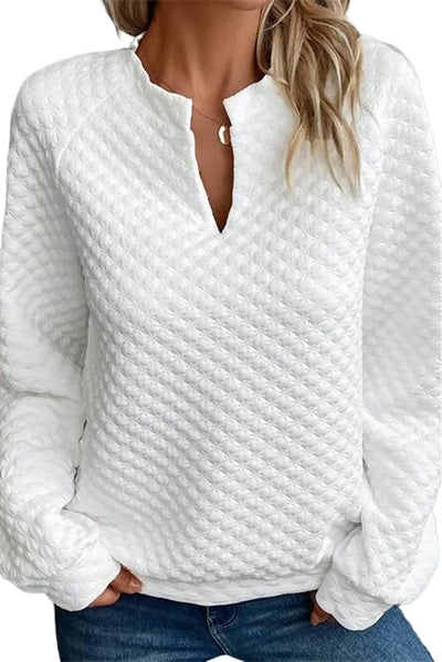 White Split Neck Quilted Long Sleeve Top-Tops-MomFashion