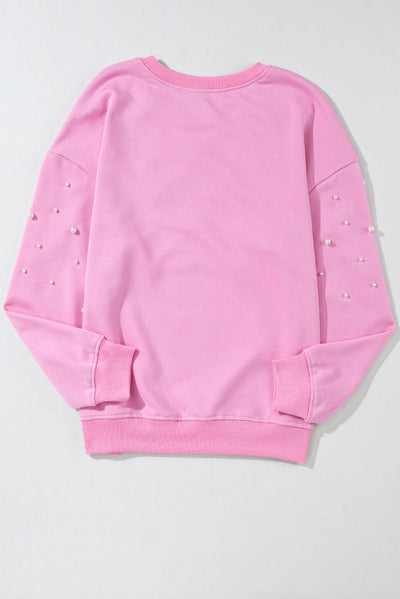 Bonbon Pearl Detail Ribbed Crew Neck Sweatshirt-Tops-MomFashion