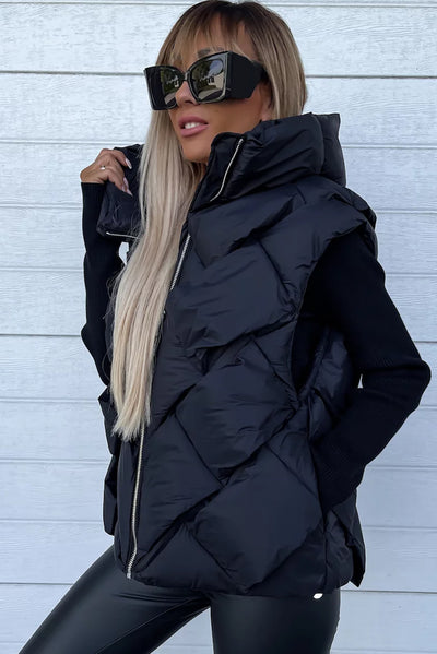 Black Quilted Zipper Front Hooded Vest Coat-Outerwear-MomFashion