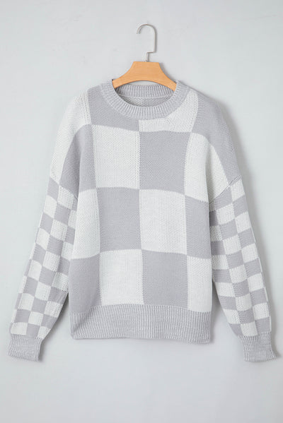 Medium Grey Checkered Print Drop Shoulder Sweater-Tops-MomFashion