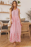 Pink Abstract Print Split Neck Sleeveless Maxi Dress-Dresses-MomFashion