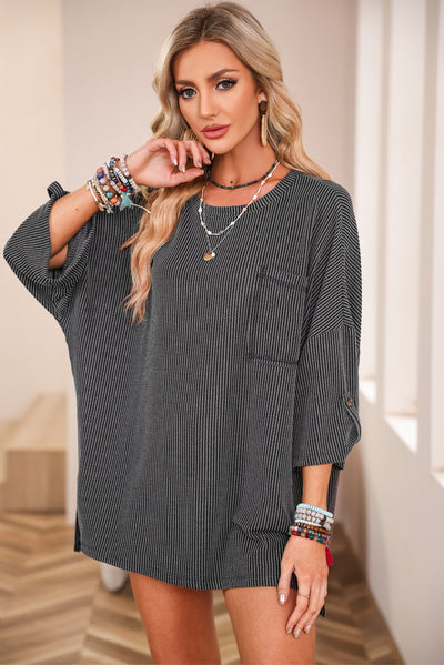 Dark Gray Ribbed Roll-tab Sleeve Chest Pocket Oversize Top-Tops-MomFashion