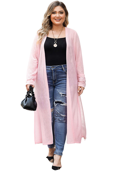 Pink Sheer Knitted Long Side Slit Plus Size Cardigan-Plus Size-MomFashion