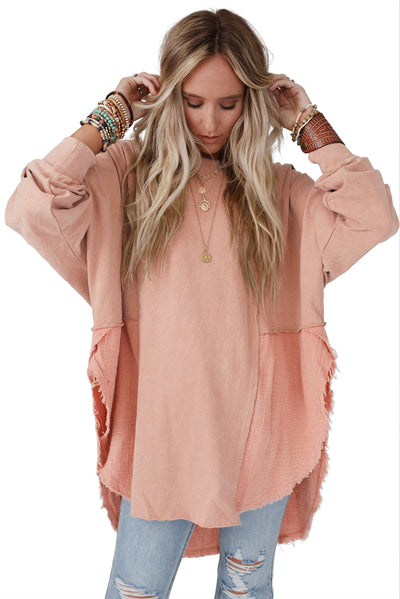 Crinkle Splicing Raw Hem High Low Oversized Blouse-Tops-MomFashion