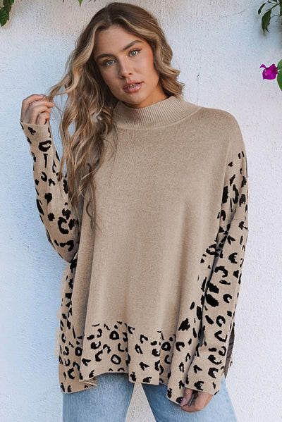 Khaki Leopard High Neck Side Slit Oversized Sweater-Tops-MomFashion