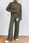 Jungle Green Ribbed Knit High Neck Loose Top and Pants Set-Loungewear-MomFashion