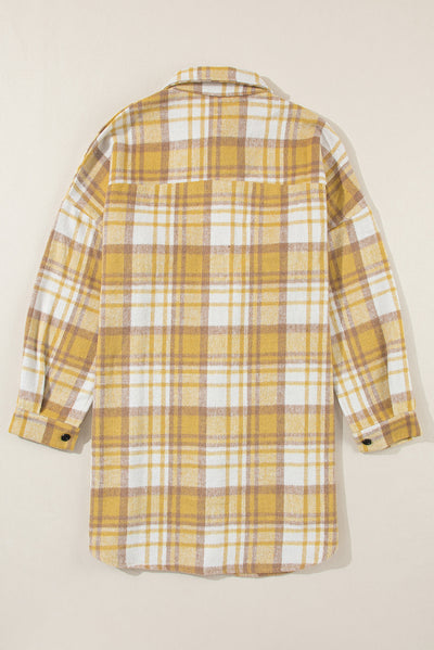 Yellow Plaid Flap Pocket Long Sleeve Shacket-Outerwear-MomFashion