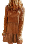 Chestnut Textured Tiered Ruffled Long Sleeve Mini Dress-Dresses-MomFashion