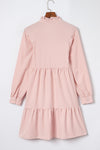 Pink Frilled Stand Collar Long Sleeve Ruffle Dress-Dresses-MomFashion