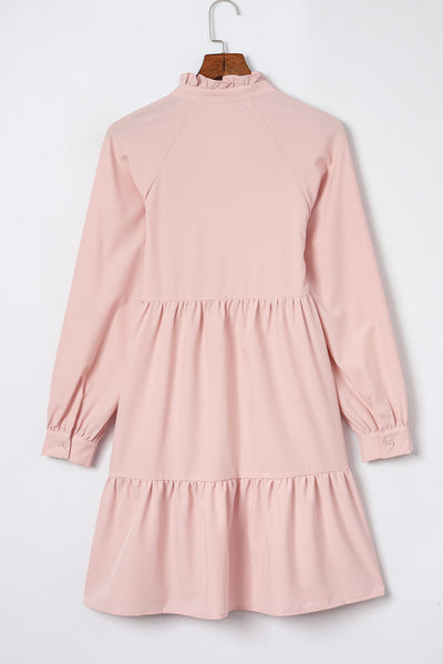 Pink Frilled Stand Collar Long Sleeve Ruffle Dress-Dresses-MomFashion