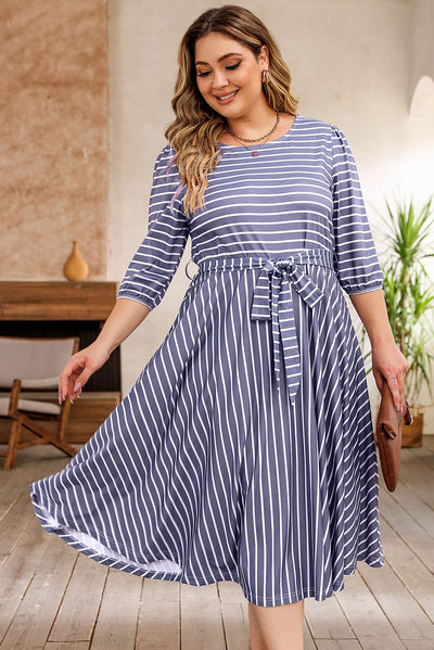 Gray Striped Tie Waist 3/4 Sleeve Plus Size Dress-Plus Size-MomFashion