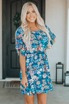 Blue Square Neck Ruffle Floral Dress-Dresses-MomFashion