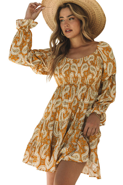 Yellow Boho Paisley Long Sleeve Floral Dress-Dresses-MomFashion