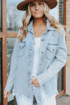 Sky Blue Flap Pocket Buttoned Raw Hem Denim Jacket-Outerwear-MomFashion