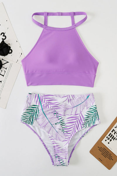 Purple Solid Strappy Halter Bikini Printed High Waist Swimsuit-Swimwear-MomFashion