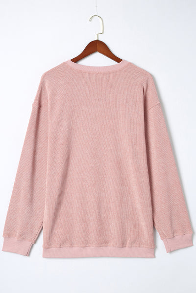 Pink Solid Ribbed Knit Round Neck Pullover Sweatshirt-Tops-MomFashion