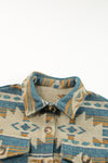 Blue Western Aztec Print Button Flap Pocket Shacket-Outerwear-MomFashion