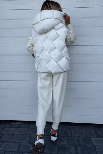 White Quilted Zipper Front Hooded Vest Coat-Outerwear-MomFashion