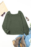 Green Scoop Neck Puff Sleeve Waffle Knit Top-Tops-MomFashion