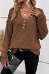 Coffee Pointelle Knit Button V Neck Drop Shoulder Sweater-Tops-MomFashion