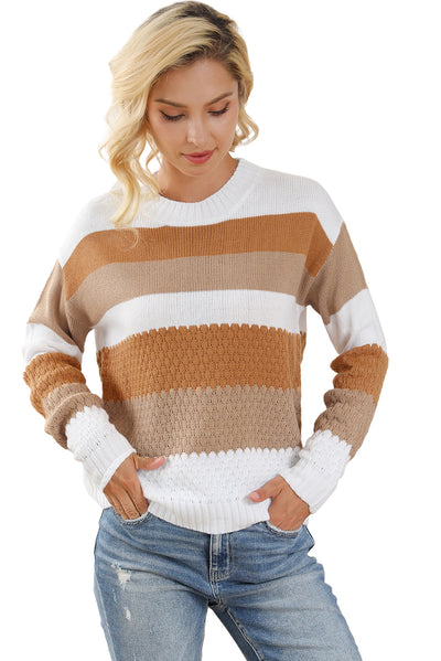 Chestnut Striped Cable Knit Drop Shoulder Sweater-Tops-MomFashion