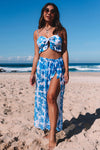 Sky Blue Tropical Ruffle Bikini High Waisted Swimsuit with Sarong-Swimwear-MomFashion