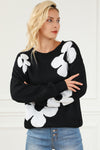 Black Big Flower Pattern Knit Sweater-Tops-MomFashion