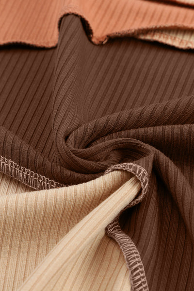 Brown Expose Seam Color Block Ribbed Knit Top-Tops-MomFashion