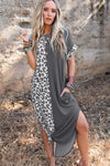 Gray Contrast Solid Leopard Short Sleeve T-shirt Dress with Slits-Dresses-MomFashion