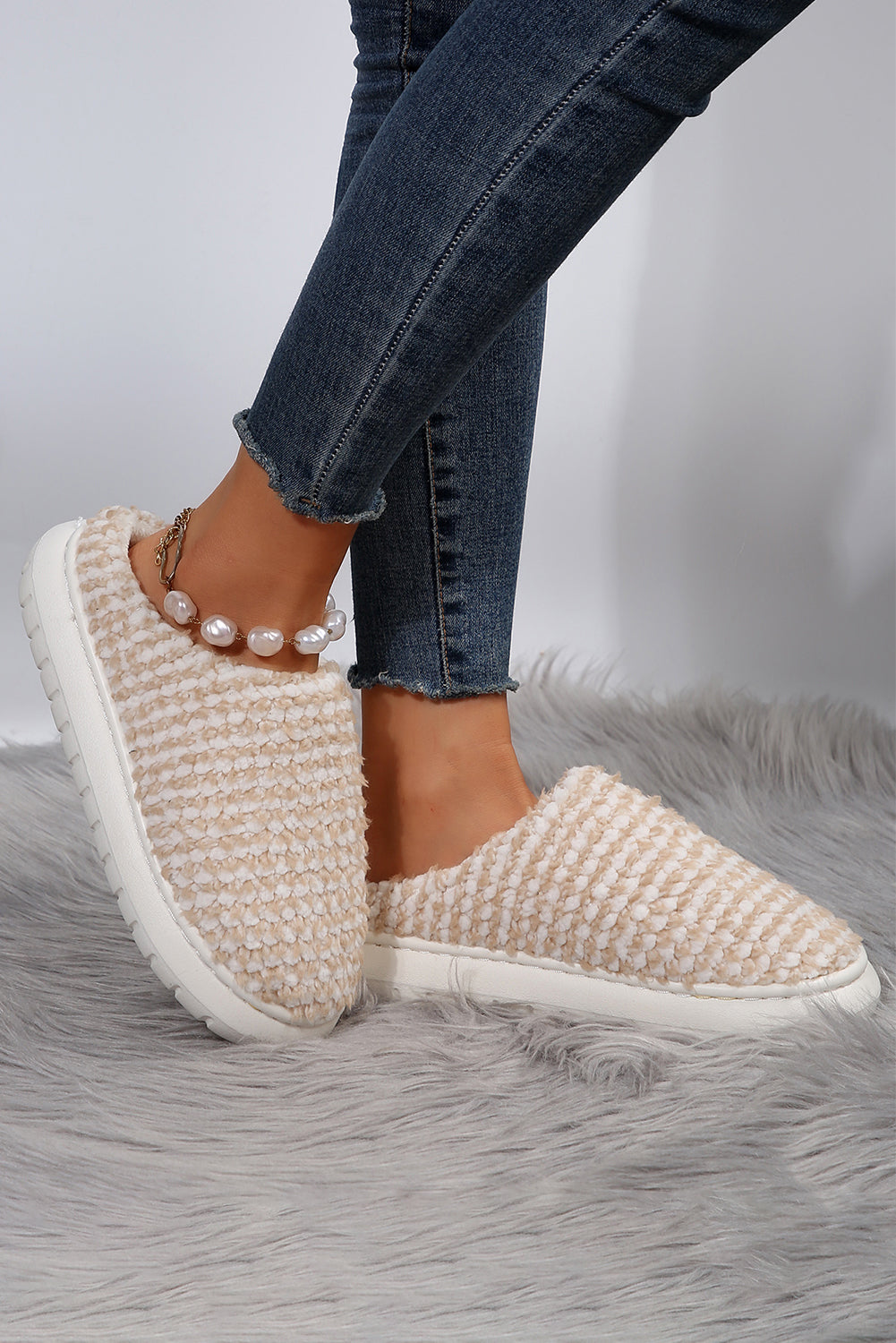Pale Khaki Two-tone Knitted Warm Homewear Slippers-Shoes & Bags-MomFashion