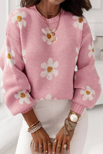 Pink Floral Pattern Drop Shoulder Sweater-Tops-MomFashion