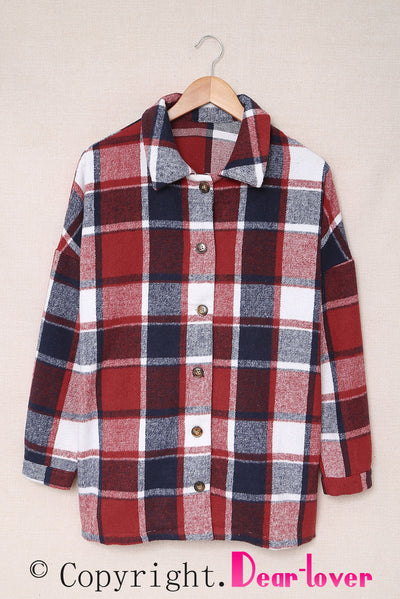 Red Plaid Print Buttoned Shirt Jacket-Outerwear-MomFashion