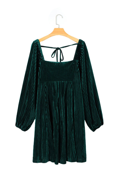 Green Tie Back Square Neck Velvet Babydoll Dress-Dresses-MomFashion