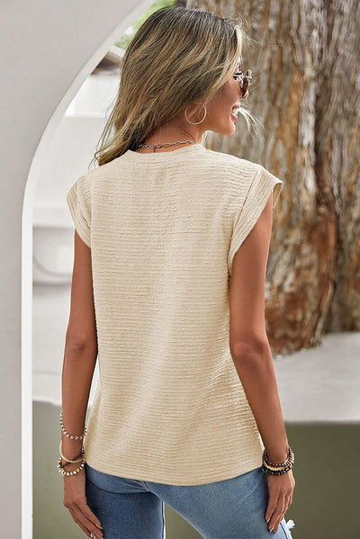 Beige Solid Textured Batwing Sleeve Crew Neck T Shirt-Tops-MomFashion