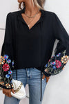 Black Floral Patched Flounce Sleeve Split Neck Blouse-Tops-MomFashion