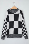 Black Checkered Print Drop Shoulder Sweater-Tops-MomFashion