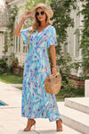 Green Wrap V Neck Floral Maxi Dress-Dresses-MomFashion