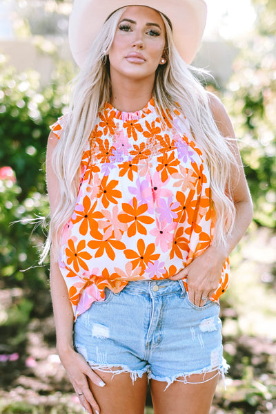 Orange Ruffled Sleeve Smocked Floral Top-Tops-MomFashion