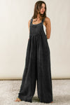 Black Textured Wide Leg Overalls-Bottoms-MomFashion