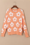 Grapefruit Orange Fuzzy Floral Knitted Drop Shoulder Sweater-Tops-MomFashion