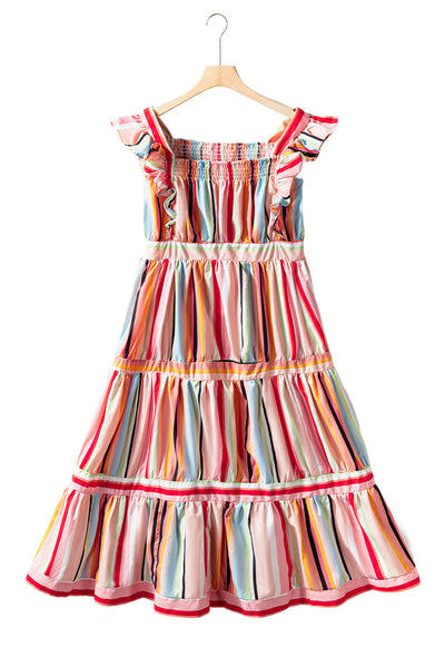 Pink Rainbow Stripe Ruffles Ruched Tiered Dress-Dresses-MomFashion