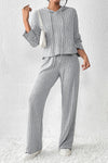 Gray Ribbed Knit Slouchy Hoodie Wide Leg Pants Set-Loungewear-MomFashion