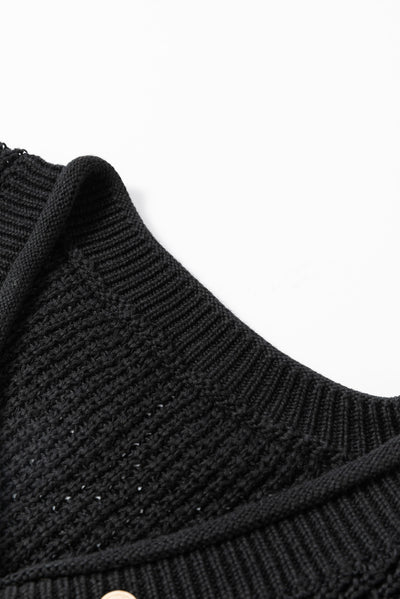 Black Pointelle Knit Button V Neck Drop Shoulder Sweater-Tops-MomFashion