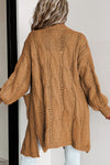 Khaki Ribbed Trim Eyelet Cable Knit Cardigan-Tops-MomFashion