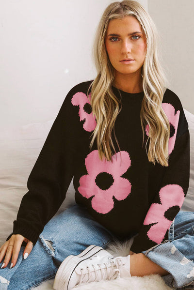 Big Flower Pattern Knit Sweater-Tops-MomFashion