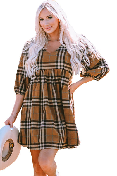 Brown Plaid Pattern Empire Waist Babydoll Dress-Dresses-MomFashion