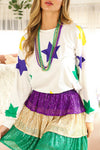 White Mardi Gras Star Printed Long Sleeve Top-Tops-MomFashion