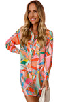 Multicolor Geometric Abstract Print Long Sleeve Shirt Dress-Dresses-MomFashion