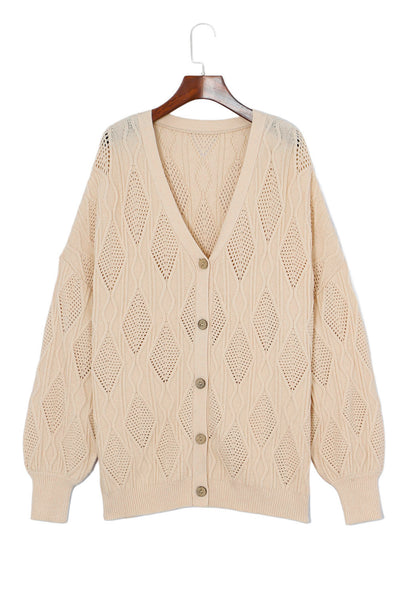 Apricot Plus Size Knitted Hollow out Button up Cardigan-Plus Size-MomFashion